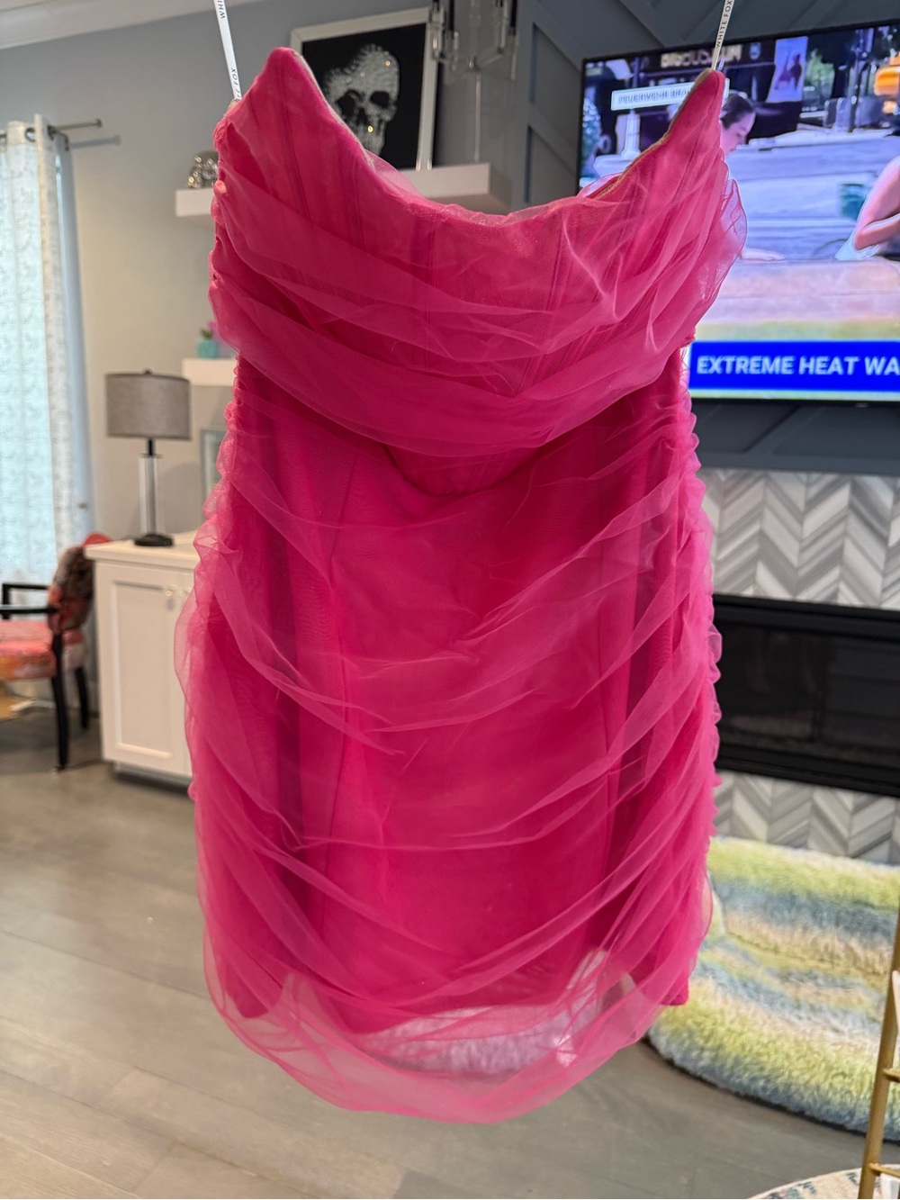 Hot Pink white fox Strapless corset Cocktail Dress